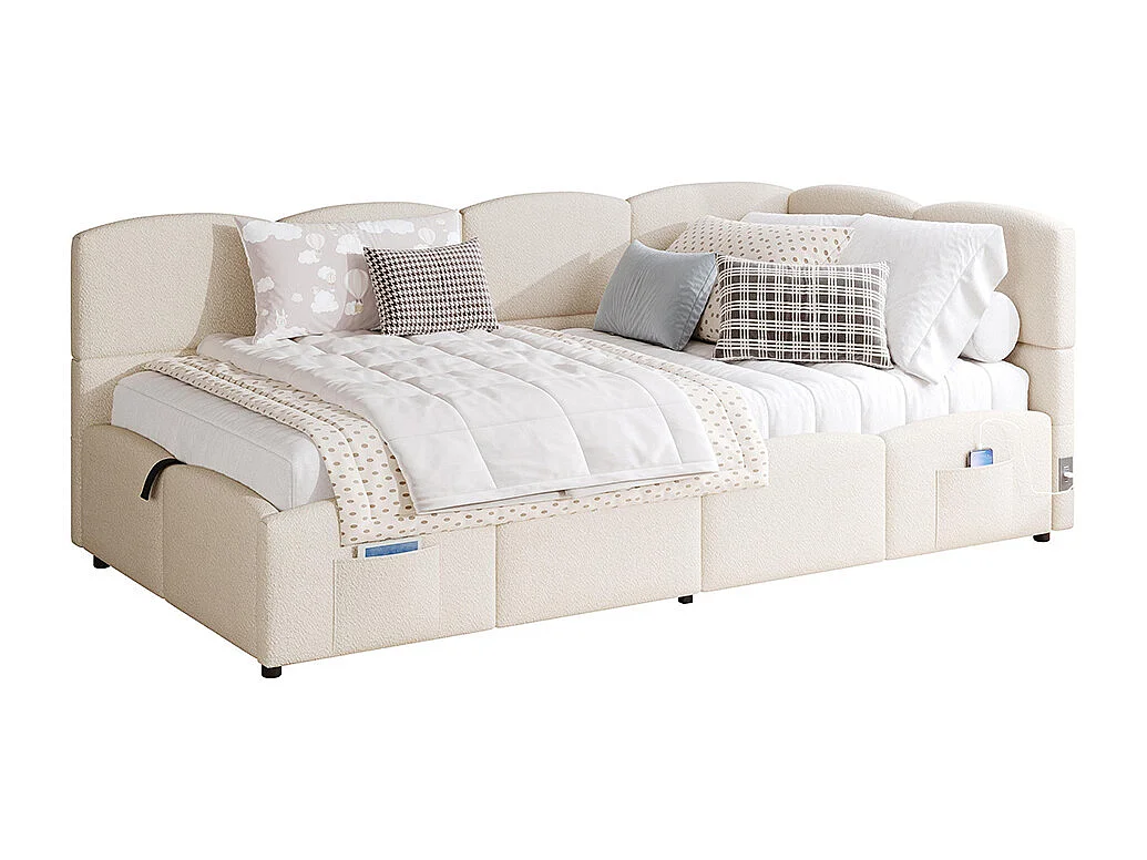 Lit banquette beige 90x200 cm rangement sommier lattes USB sac adolescent enfant adulte velours sans matelas