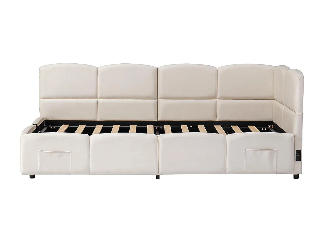 Lit banquette beige 90x200 cm rangement sommier lattes USB sac adolescent enfant adulte velours sans matelas