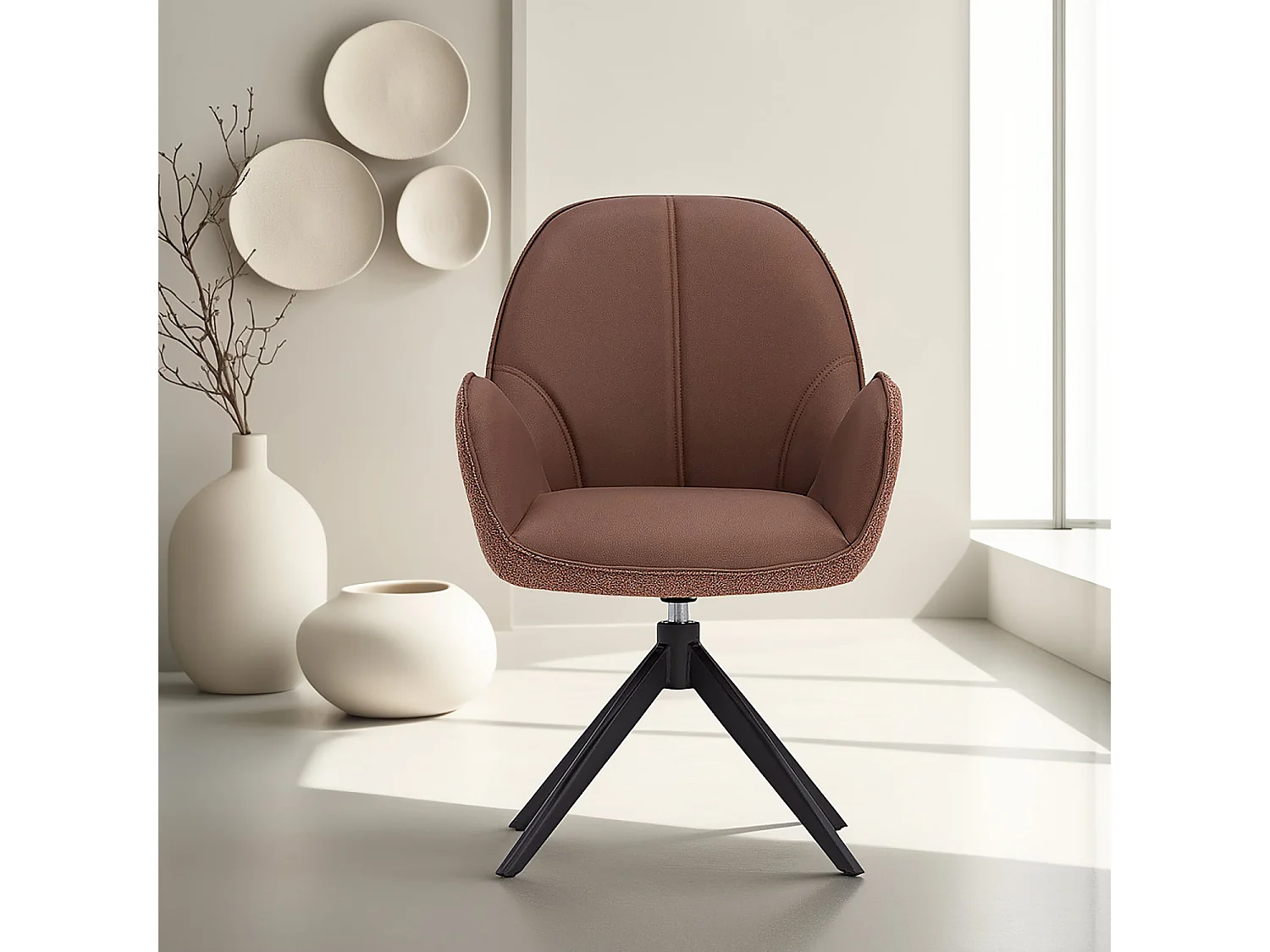 Esszimmerstuhl 60x90x59 cm Braun Moderner Eierstuhl Bouclé Leder Sessel