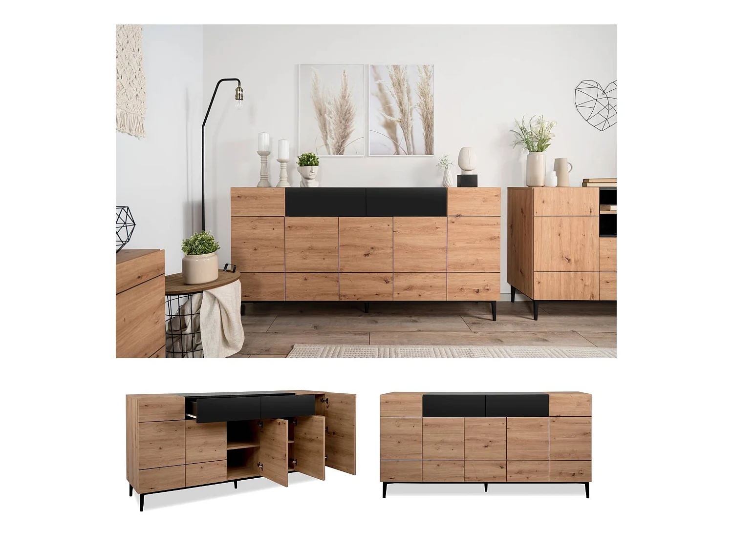 Buffet Commode 180x90x42 cm Bois de Chêne Noir en Naturel, Meuble de Salon