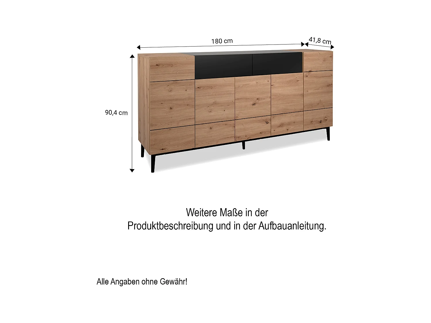 Buffet Commode 180x90x42 cm Bois de Chêne Noir en Naturel, Meuble de Salon