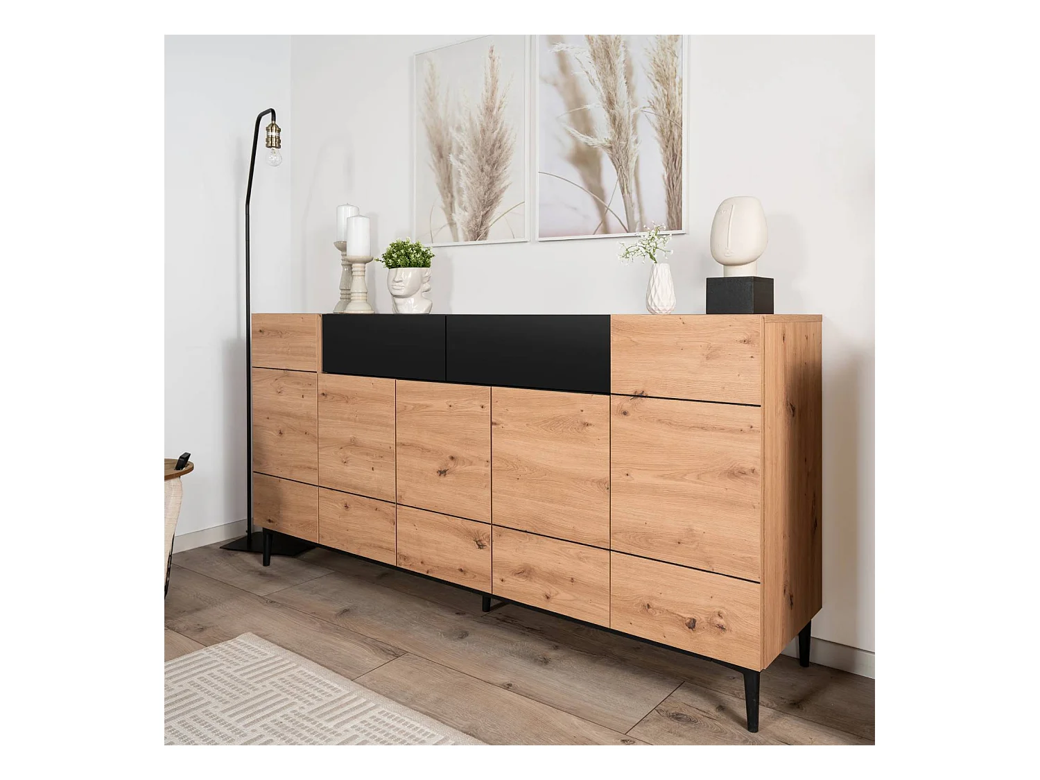 Buffet Commode 180x90x42 cm Bois de Chêne Noir en Naturel, Meuble de Salon