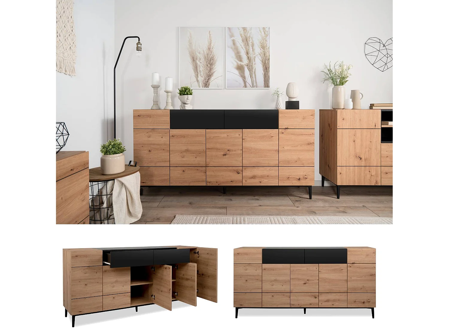 Sideboard Kommode 180x90x42 cm Schwarze Eiche Holz Natur Wohnzimmer Schrank
