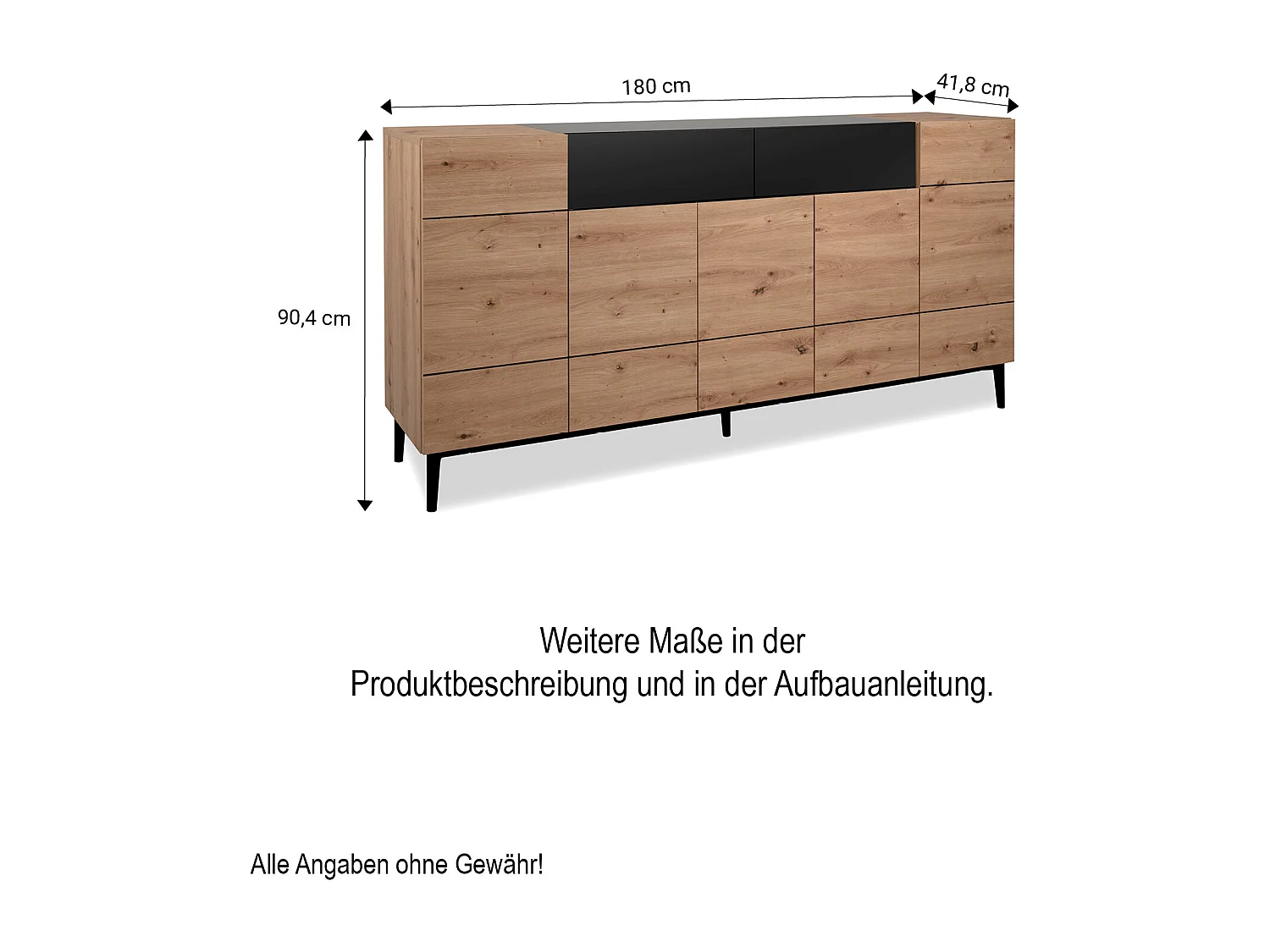 Sideboard Kommode 180x90x42 cm Schwarze Eiche Holz Natur Wohnzimmer Schrank