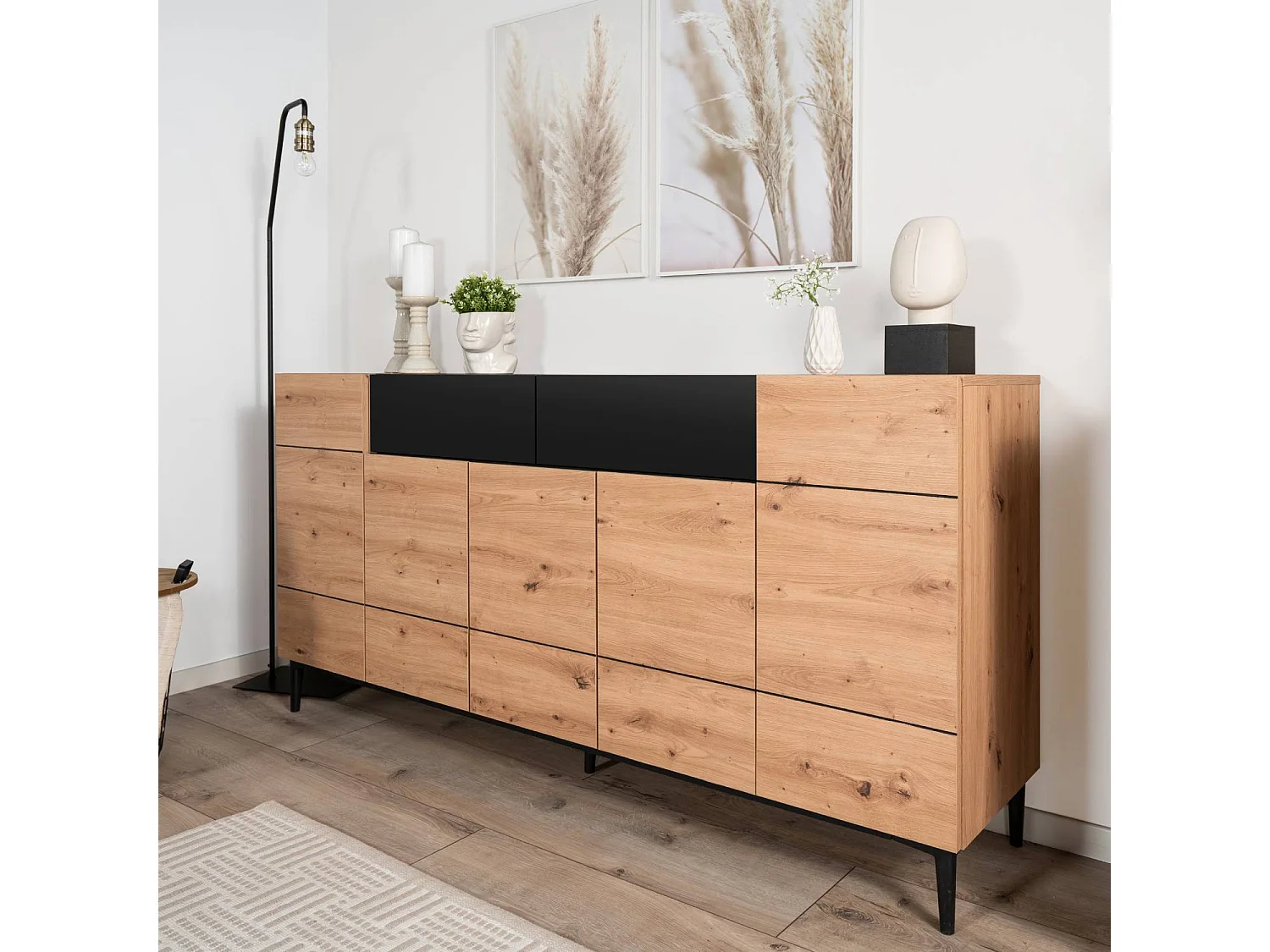 Sideboard Kommode 180x90x42 cm Schwarze Eiche Holz Natur Wohnzimmer Schrank