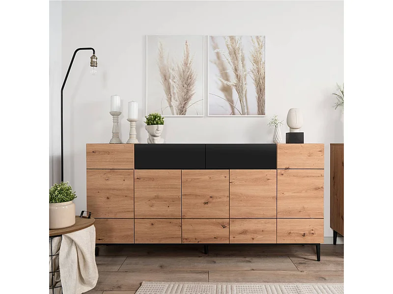 Buffet Commode 180x90x42 cm Bois de Chêne Noir en Naturel, Meuble de Salon