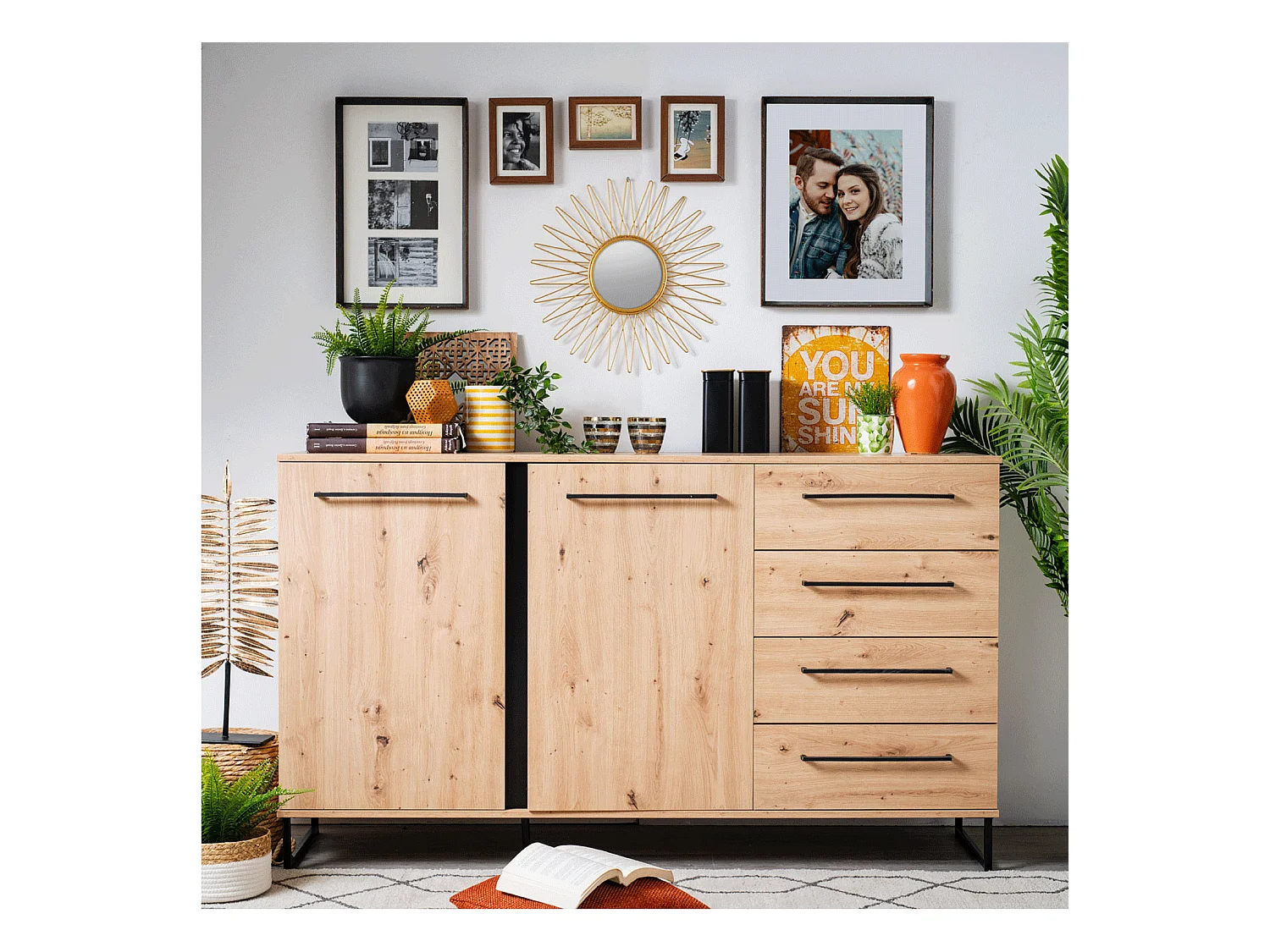 Buffet 159x92.5x42 cm naturel noir