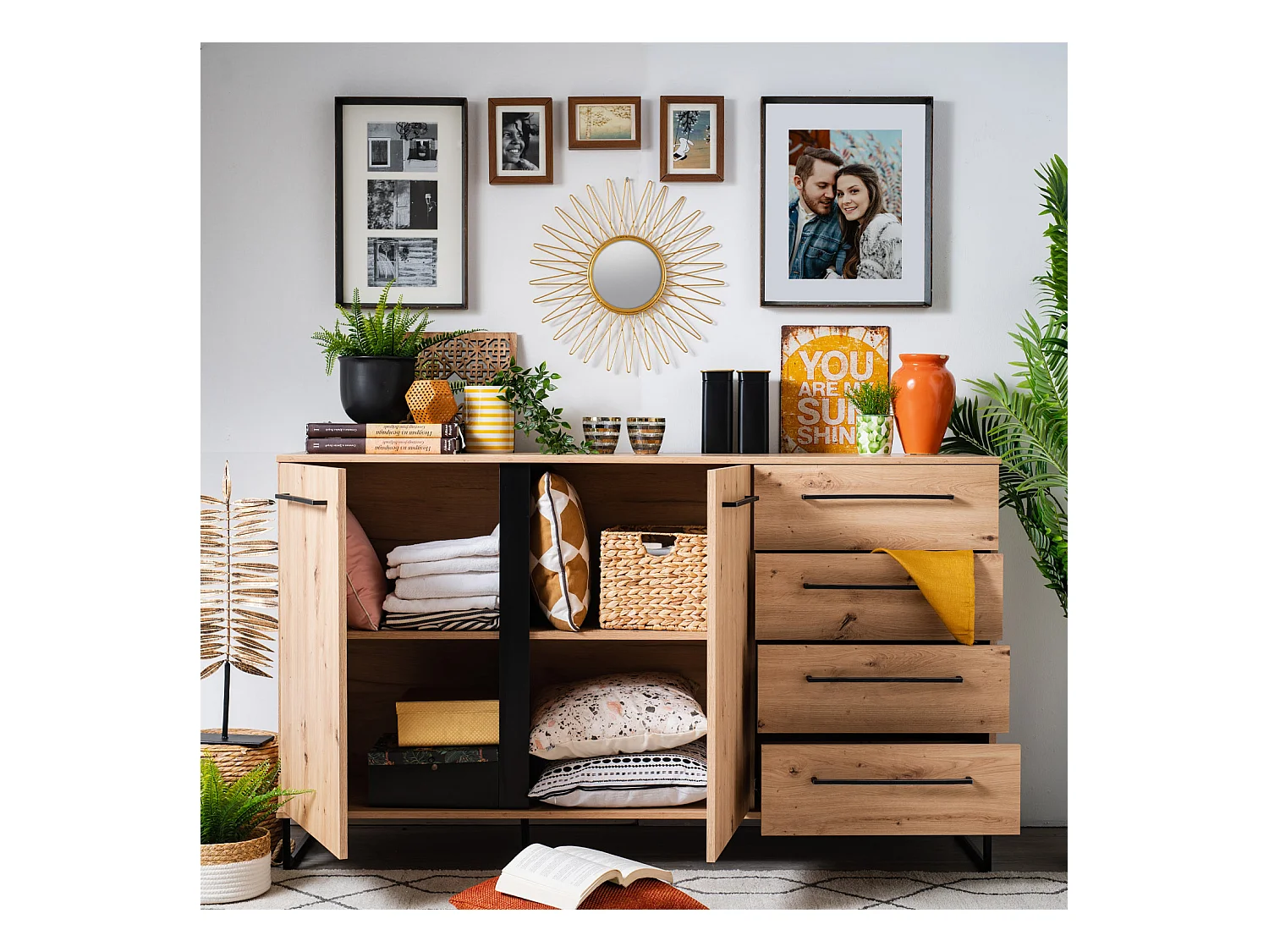 Buffet 159x92.5x42 cm naturel noir