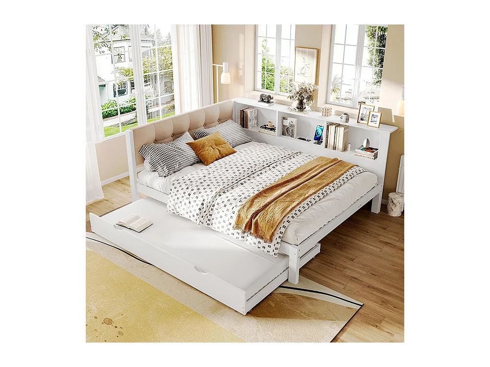 Lit banquette lit gigogne jour 140x200 cm canapé-lit LED variable USB étagère pratique sans matelas pin blanc