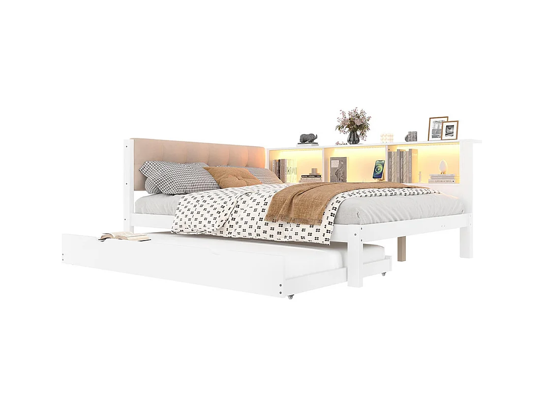 Lit banquette lit gigogne jour 140x200 cm canapé-lit LED variable USB étagère pratique sans matelas pin blanc