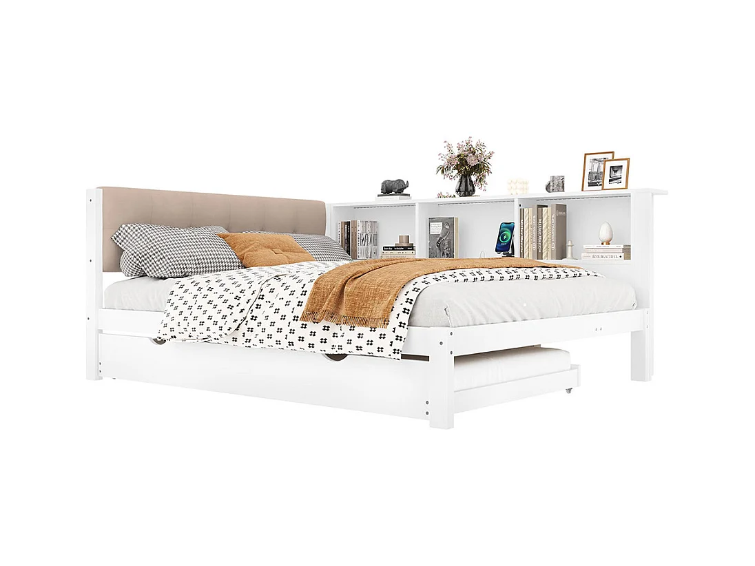 Lit banquette lit gigogne jour 140x200 cm canapé-lit LED variable USB étagère pratique sans matelas pin blanc