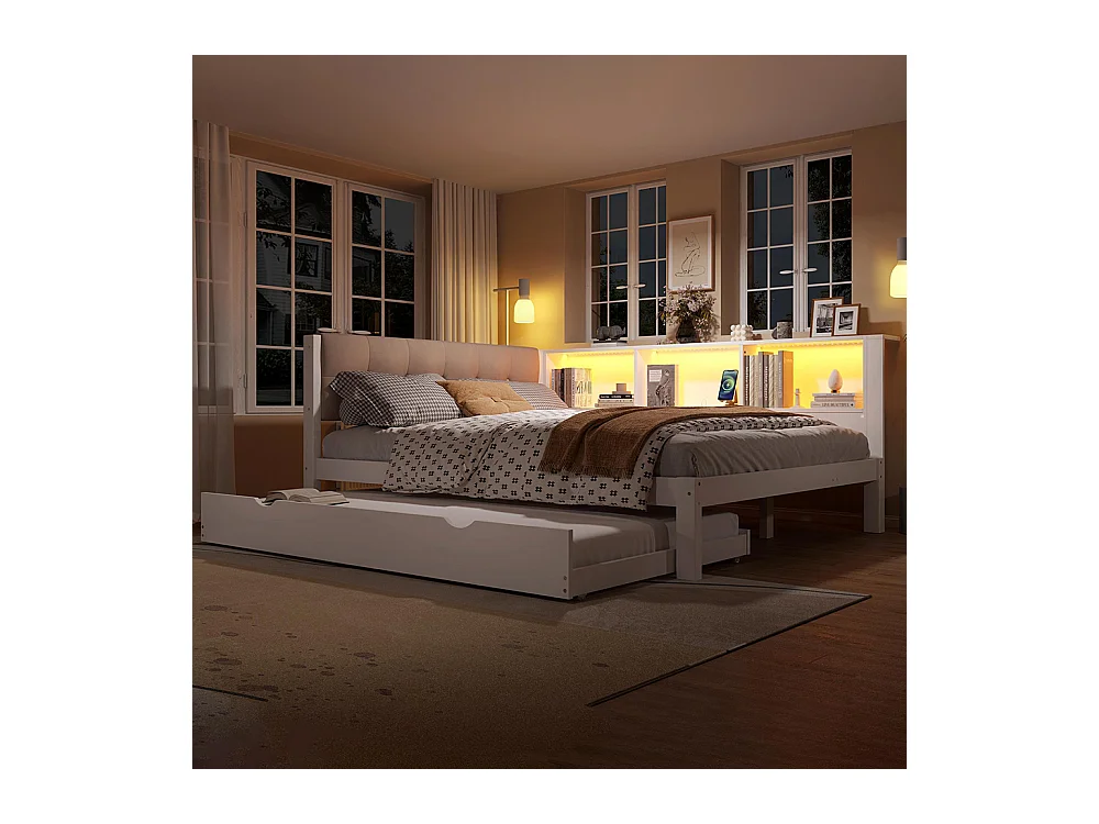 Lit banquette lit gigogne jour 140x200 cm canapé-lit LED variable USB étagère pratique sans matelas pin blanc