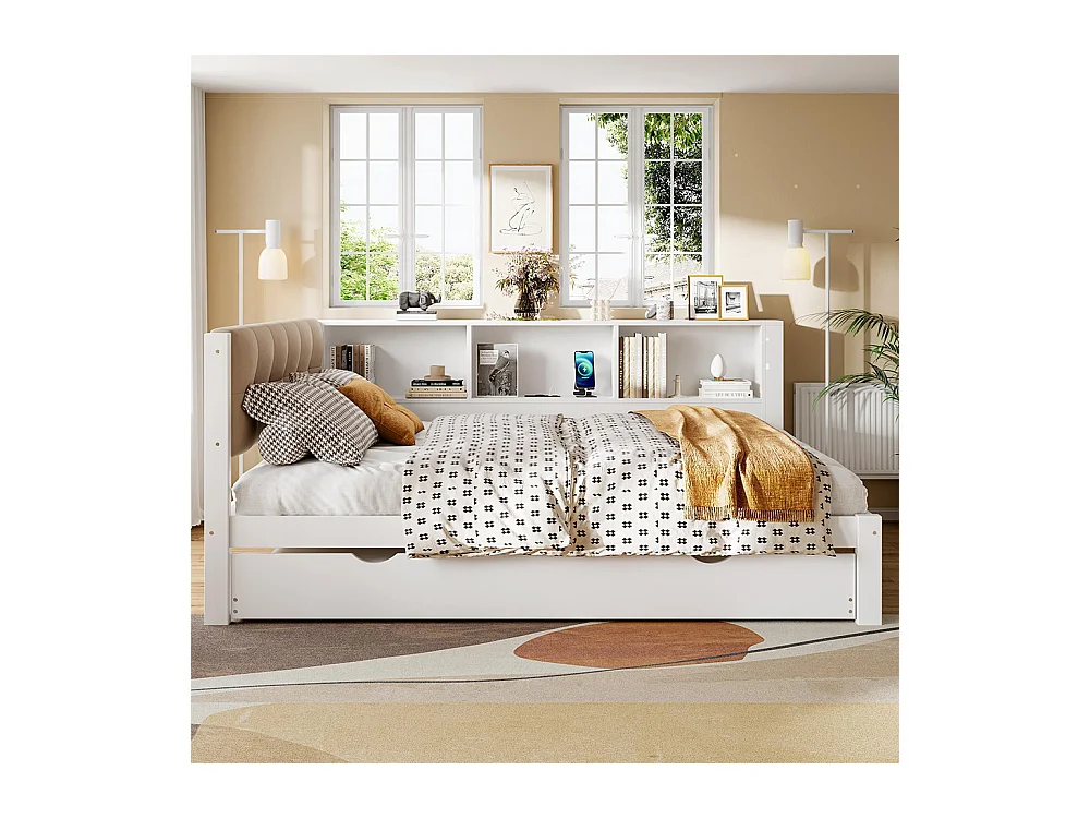 Lit banquette lit gigogne jour 140x200 cm canapé-lit LED variable USB étagère pratique sans matelas pin blanc