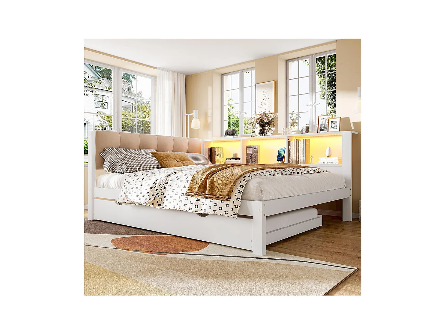 Lit banquette lit gigogne jour 140x200 cm canapé-lit LED variable USB étagère pratique sans matelas pin blanc