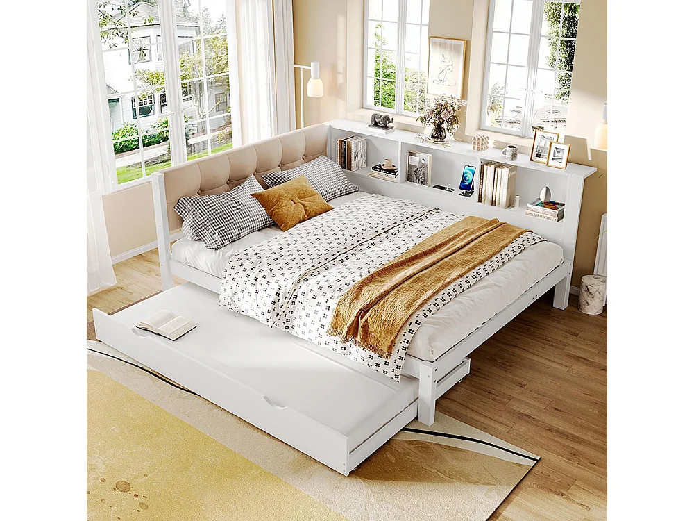 Lit banquette lit gigogne jour 140x200 cm canapé-lit LED variable USB étagère pratique sans matelas pin blanc