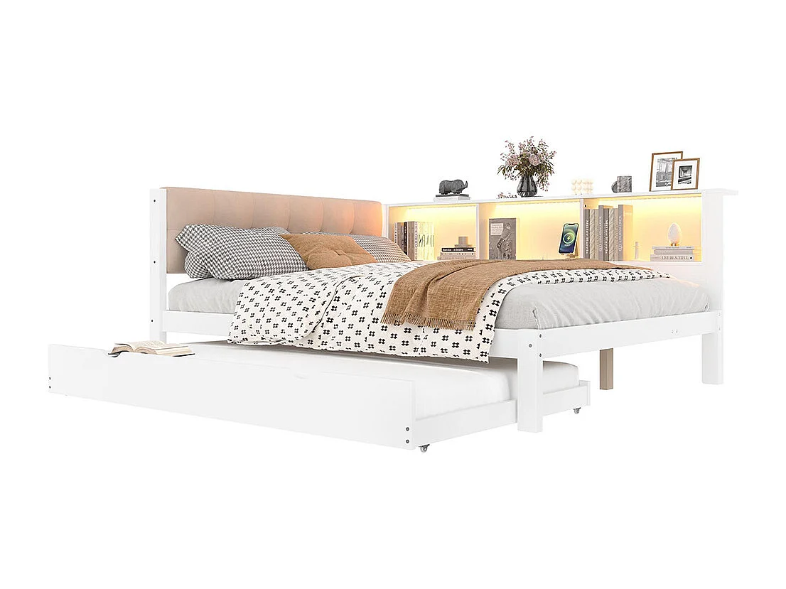 Lit banquette lit gigogne jour 140x200 cm canapé-lit LED variable USB étagère pratique sans matelas pin blanc