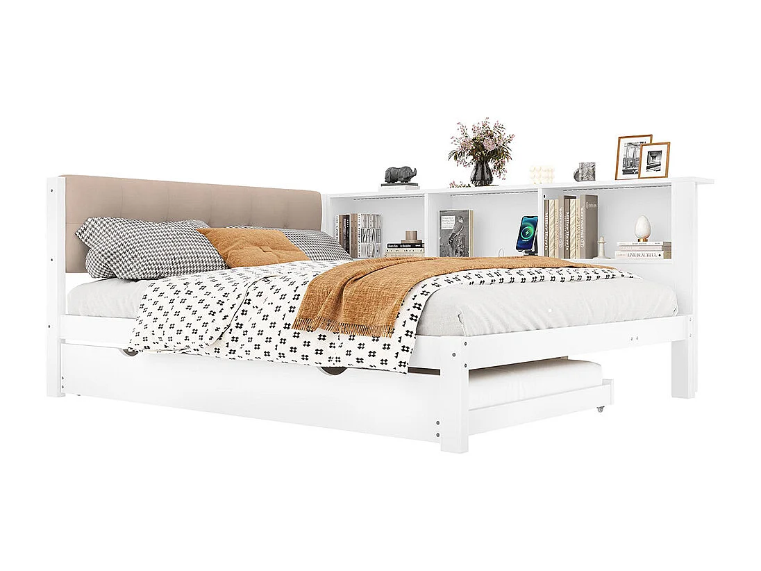 Lit banquette lit gigogne jour 140x200 cm canapé-lit LED variable USB étagère pratique sans matelas pin blanc