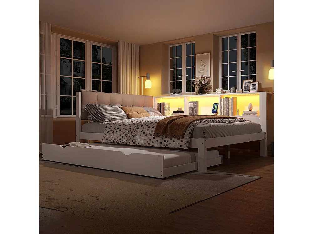 Lit banquette lit gigogne jour 140x200 cm canapé-lit LED variable USB étagère pratique sans matelas pin blanc