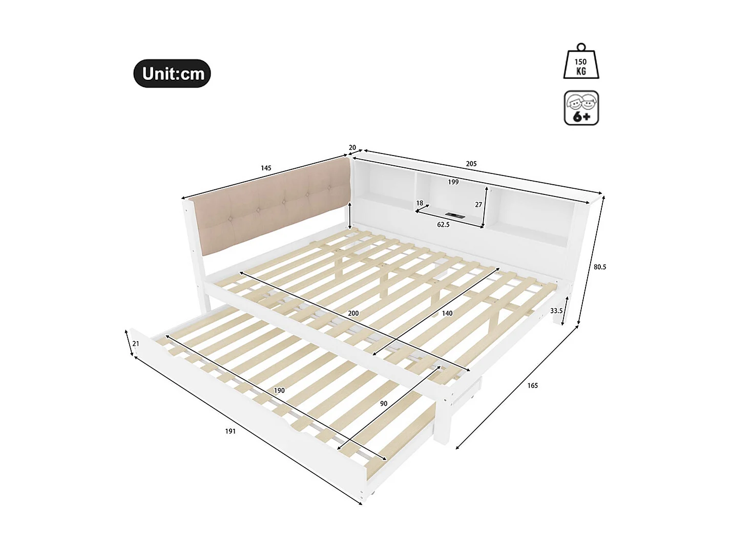 Lit banquette lit gigogne jour 140x200 cm canapé-lit LED variable USB étagère pratique sans matelas pin blanc