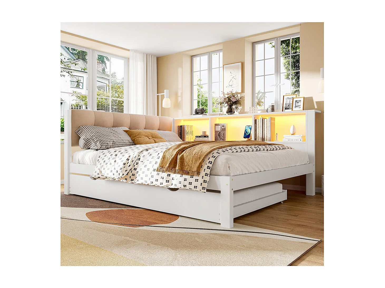 Lit banquette lit gigogne jour 140x200 cm canapé-lit LED variable USB étagère pratique sans matelas pin blanc