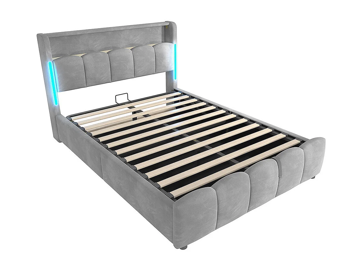 Lit coffre rembourré 140x200 cm sans matelas LED tête rangement hydraulique USB Type-C velours gris