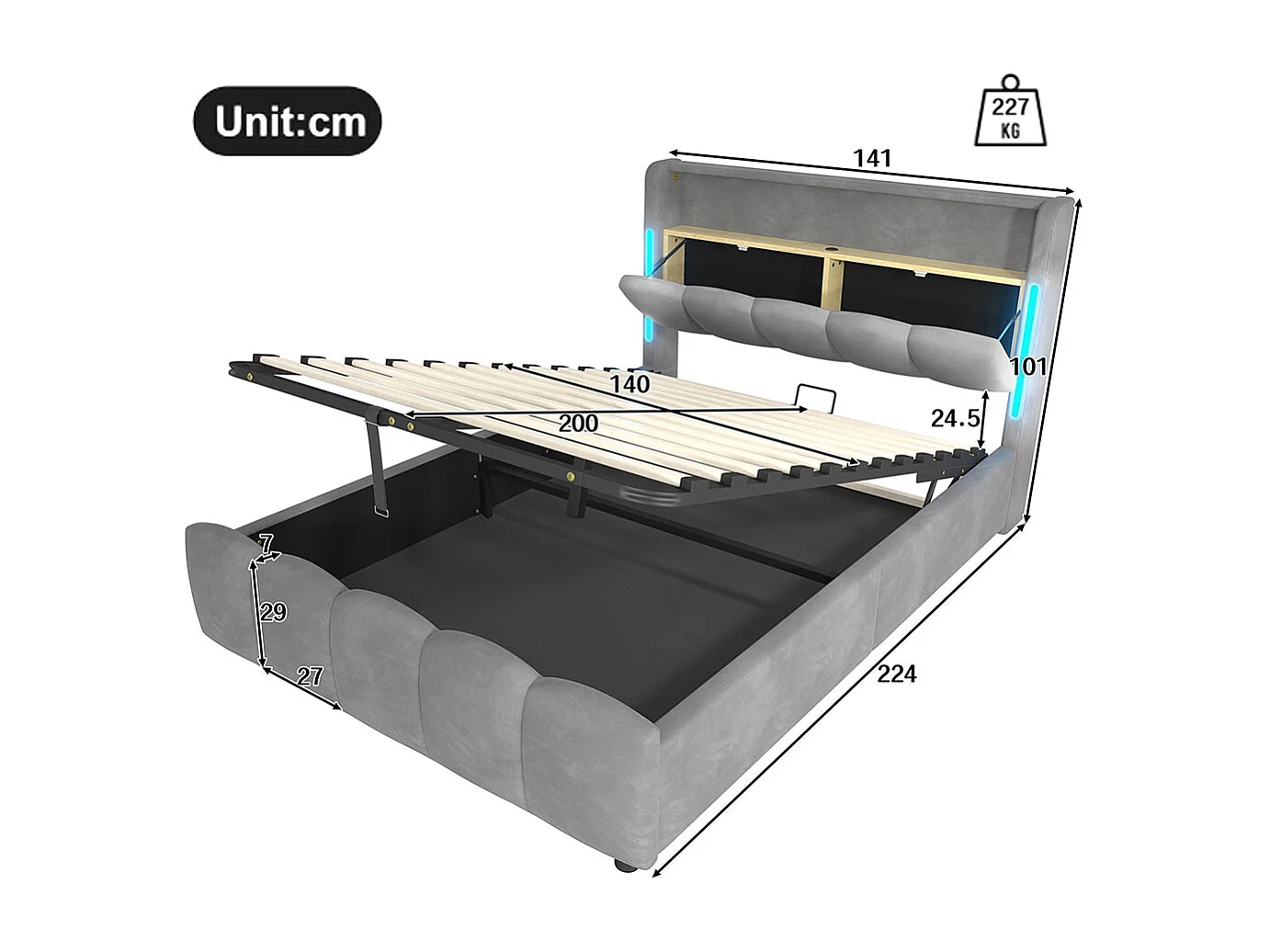 Lit coffre rembourré 140x200 cm sans matelas LED tête rangement hydraulique USB Type-C velours gris