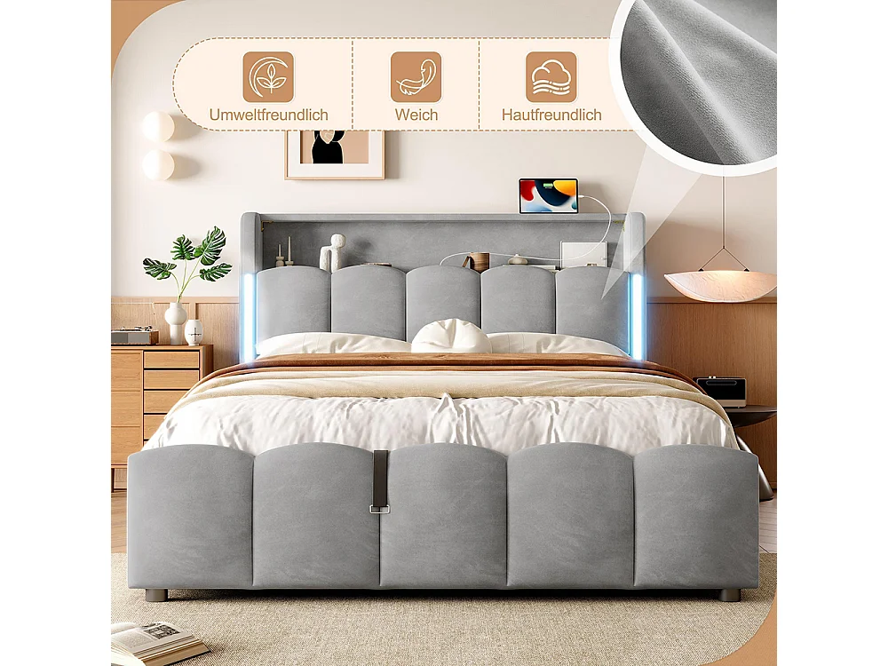 Lit coffre rembourré 140x200 cm sans matelas LED tête rangement hydraulique USB Type-C velours gris
