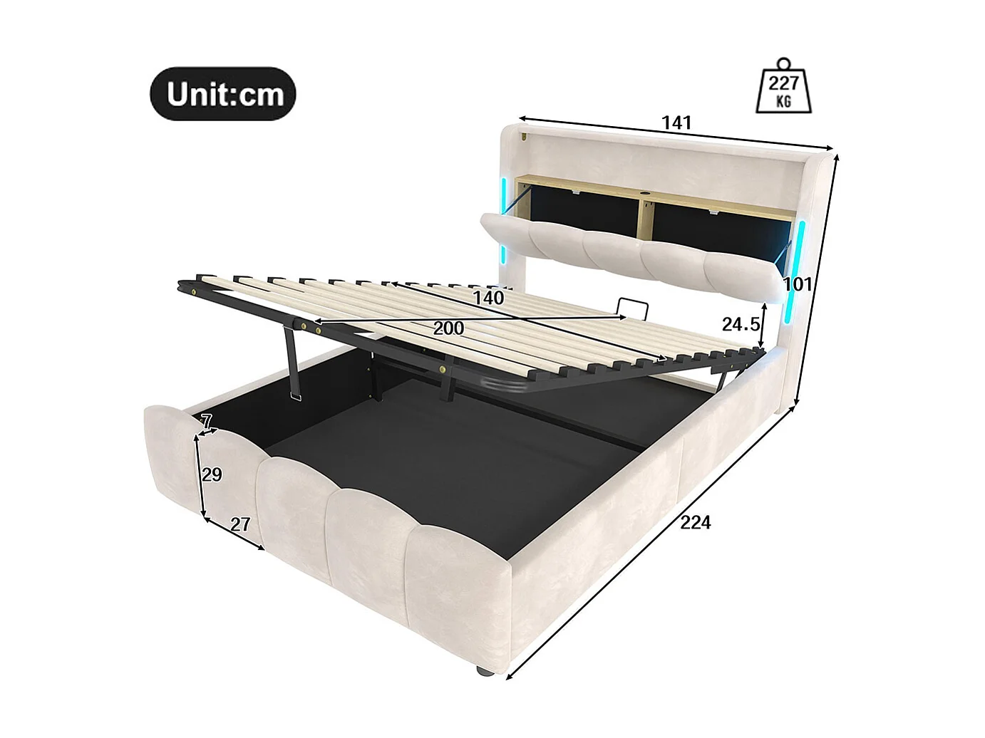 Lit coffre rembourré 140x200 cm sans matelas LED tête rangement hydraulique USB Type-C velours beige