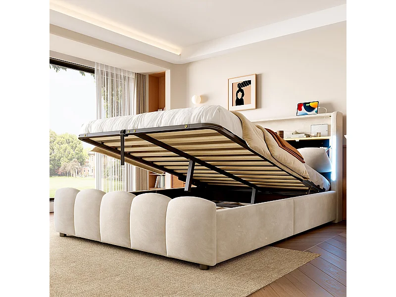 Lit coffre rembourré 140x200 cm sans matelas LED tête rangement hydraulique USB Type-C velours beige