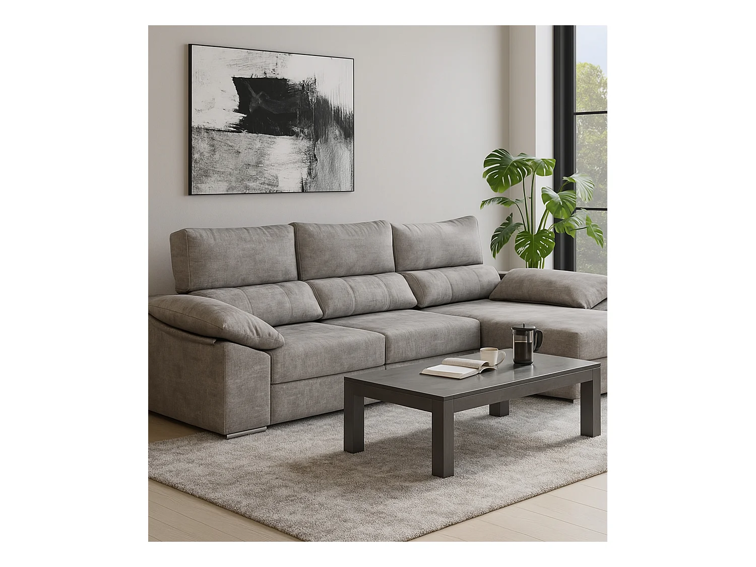 Sofá de 3 plazas de 90x292x100 cm con asientos deslizantes de tela en gris marengo Silvi