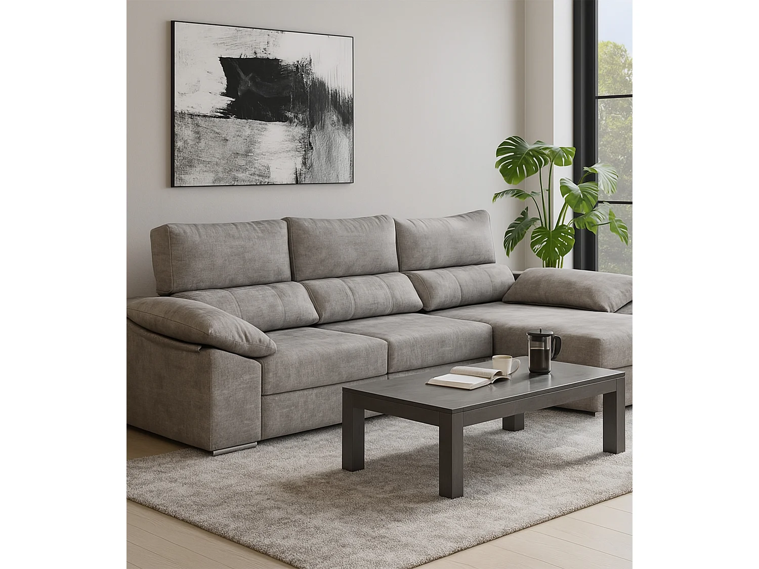 Sofá de 3 plazas de 90x292x100 cm con asientos deslizantes de tela en gris marengo Silvi