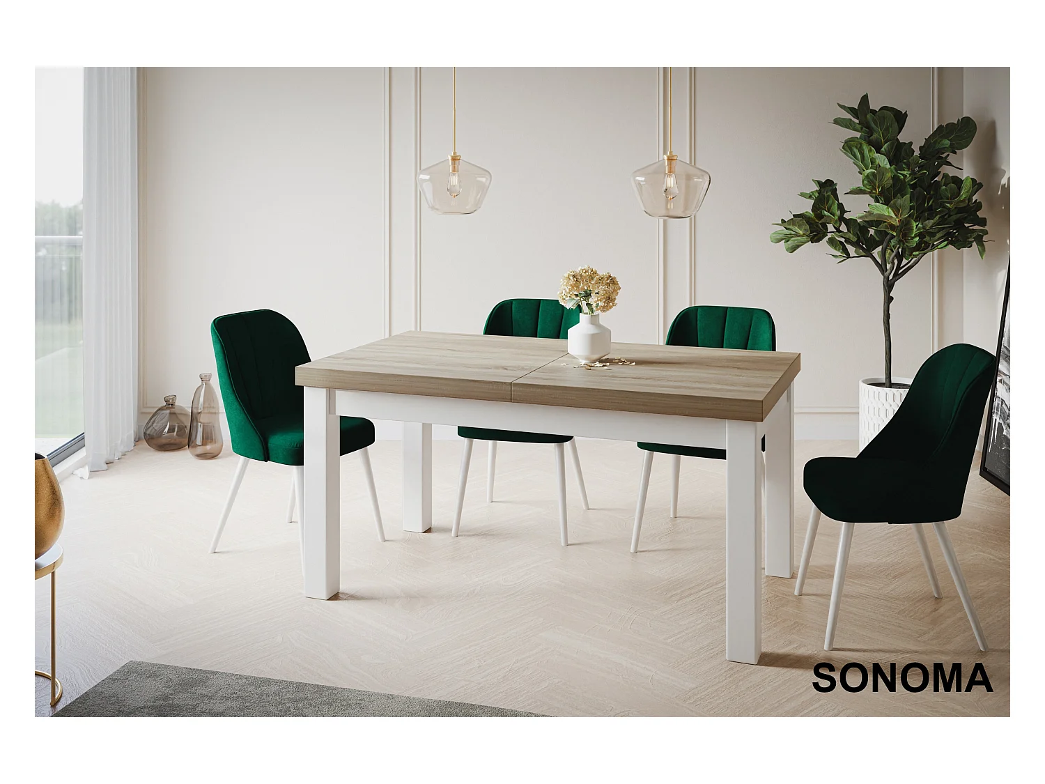 Table de salle à manger rectangulaire CLASSIC, table extensible, dimensions : 170-250X90X78 cm, couleur : SONOMA, avec pieds en bois de couleur blanche