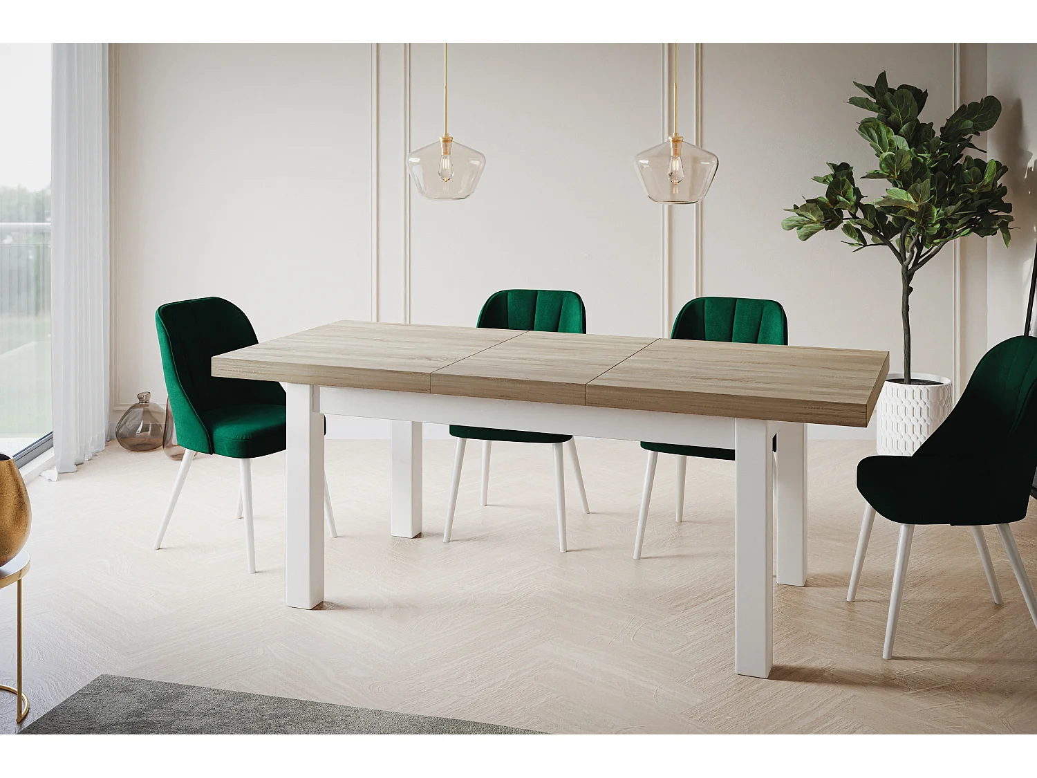 Table de salle à manger rectangulaire CLASSIC, table extensible, dimensions : 120-160X80X78 cm, couleur : SONOMA, avec pieds en bois de couleur blanche