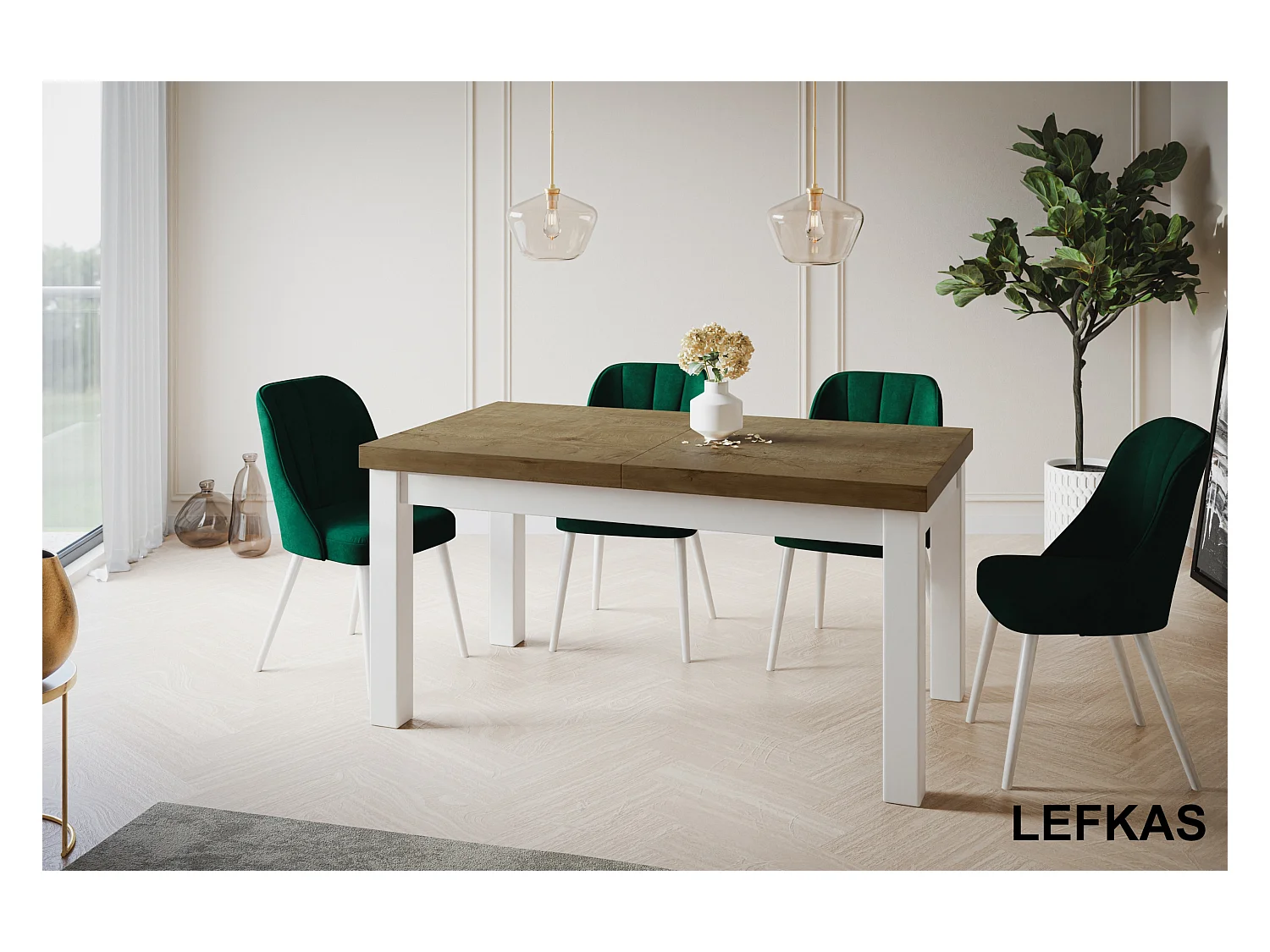Table de salle à manger rectangulaire CLASSIC, table extensible, dimensions : 200-300X100X78 cm, couleur : LEFKAS, avec pieds en bois de couleur blanche