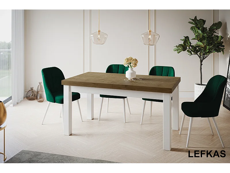 Table de salle à manger rectangulaire CLASSIC, table extensible, dimensions : 200-300X100X78 cm, couleur : LEFKAS, avec pieds en bois de couleur blanche