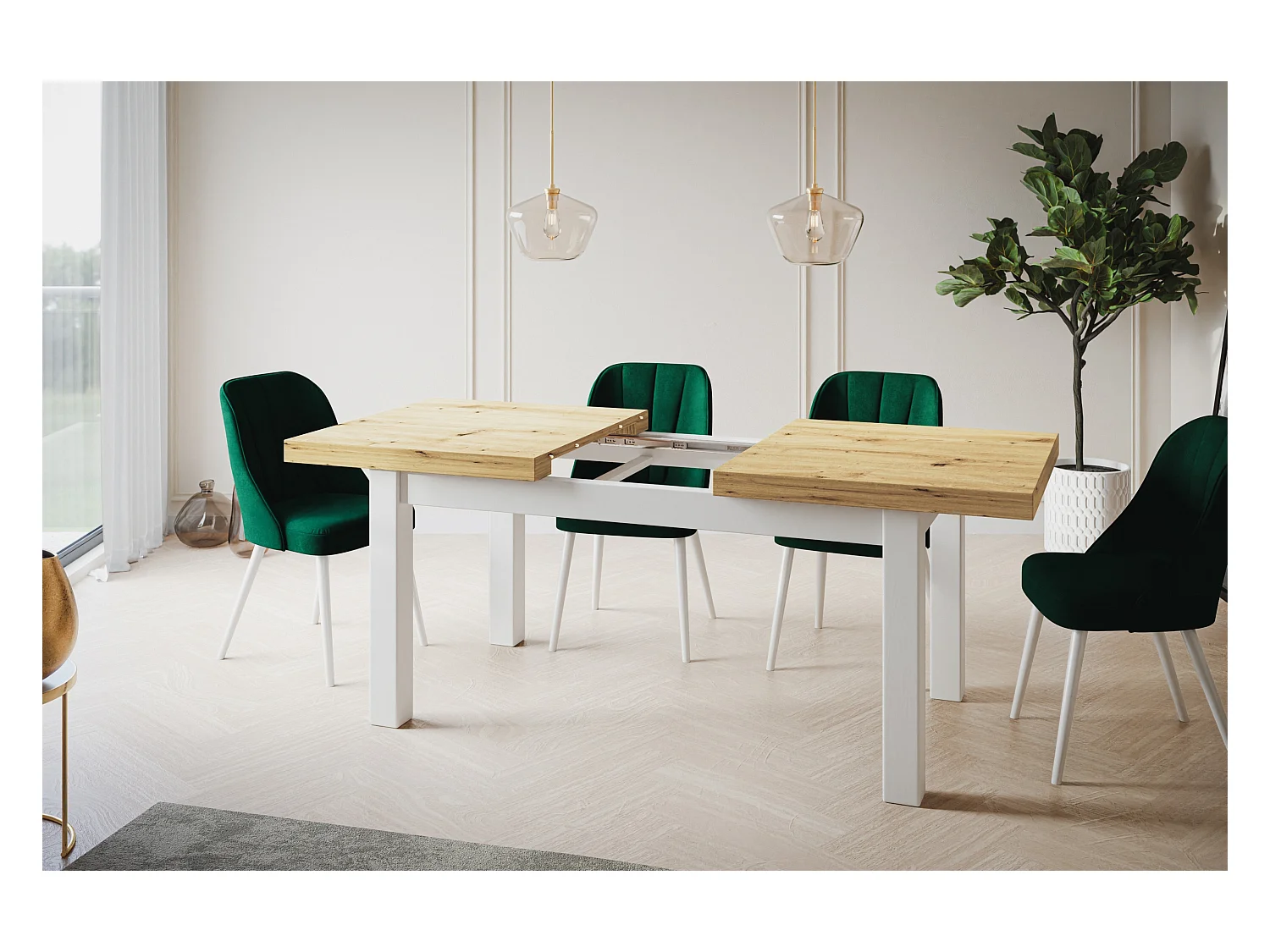 Table de salle à manger rectangulaire CLASSIC, table extensible, dimensions : 200-300X100X78 cm, couleur : ARTISAN, avec pieds en bois de couleur blanche