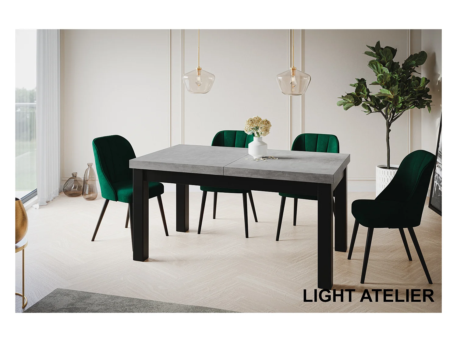 Table de salle à manger rectangulaire CLASSIC, table extensible, dimensions : 200-300X100X78 cm, couleur : ATELIER, avec pieds en bois de couleur blanche