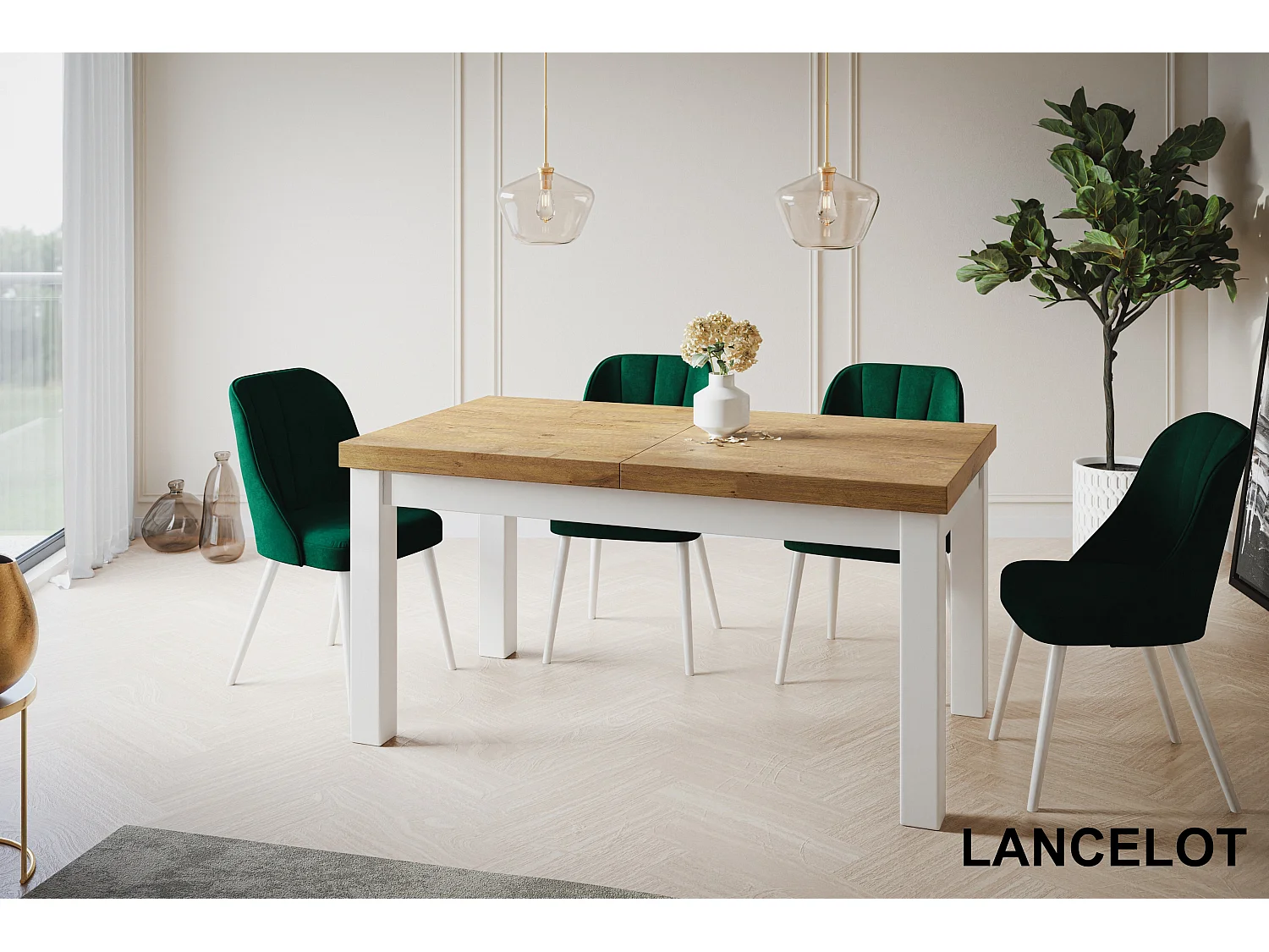 Table de salle à manger rectangulaire CLASSIC, table extensible, dimensions : 140-180X80X78 cm, couleur : LANCELOT, avec pieds en bois de couleur blanche