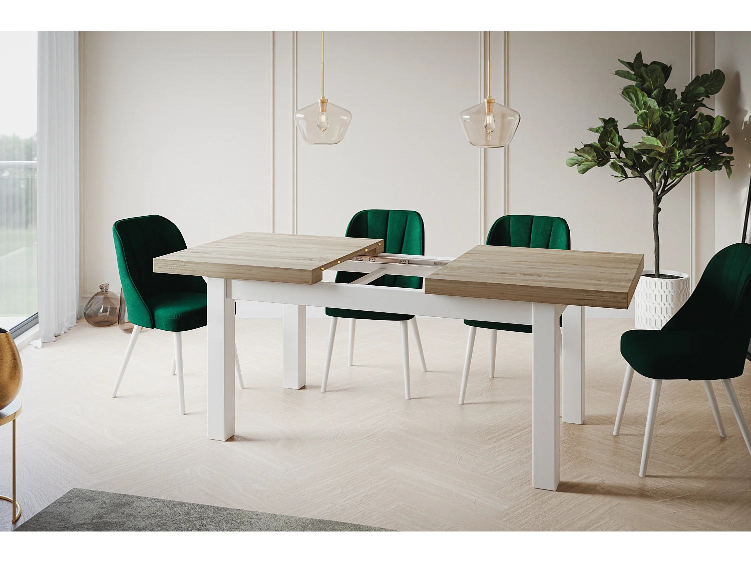 Table de salle à manger rectangulaire CLASSIC, table extensible, dimensions : 140-180X80X78 cm, couleur : SONOMA, avec pieds en bois de couleur blanche