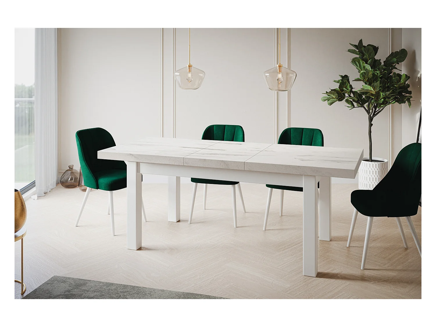 Table de salle à manger rectangulaire CLASSIC, table à rallonges, dimensions : 120-160X80X78 cm, couleur : MARMUR, avec pieds en bois de couleur blanche