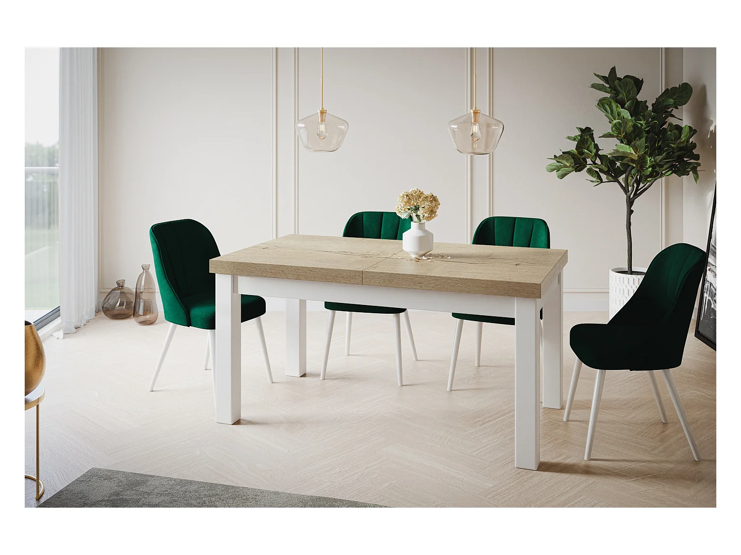 Table de salle à manger rectangulaire CLASSIC, table extensible, dimensions : 200-300X100X78 cm, couleur : HALIFAX, avec pieds en bois de couleur blanche