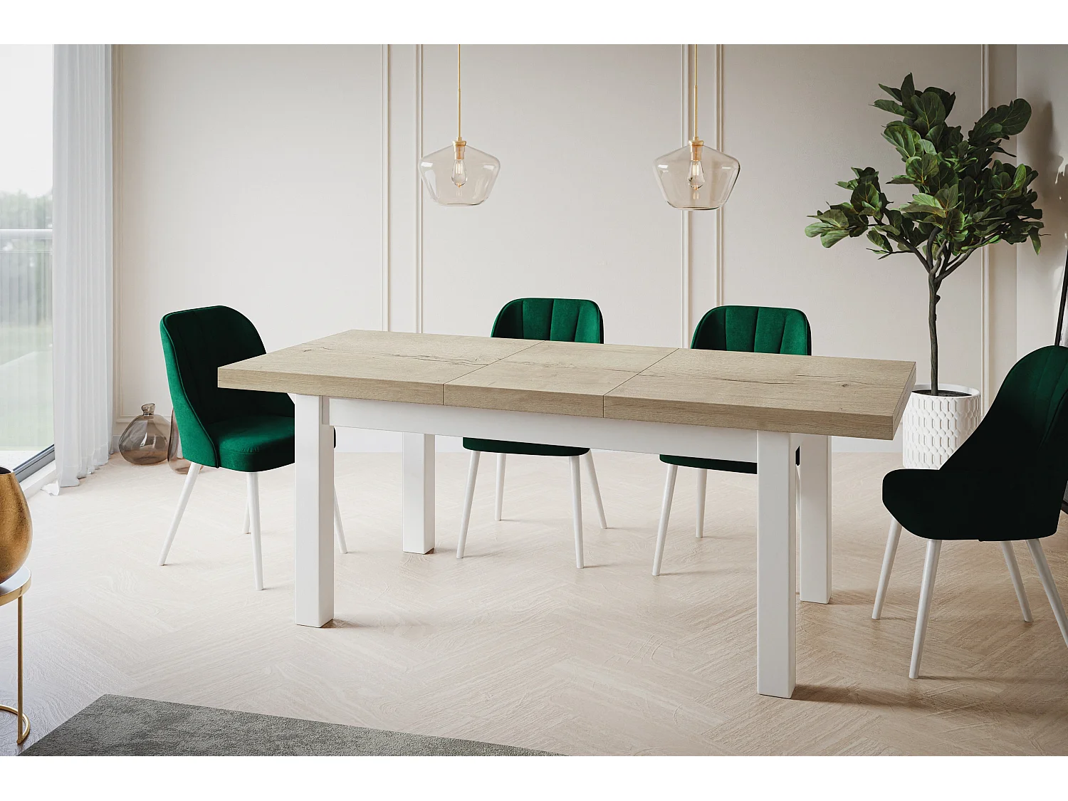 Table de salle à manger rectangulaire CLASSIC, table extensible, dimensions : 200-300X100X78 cm, couleur : HALIFAX, avec pieds en bois de couleur blanche