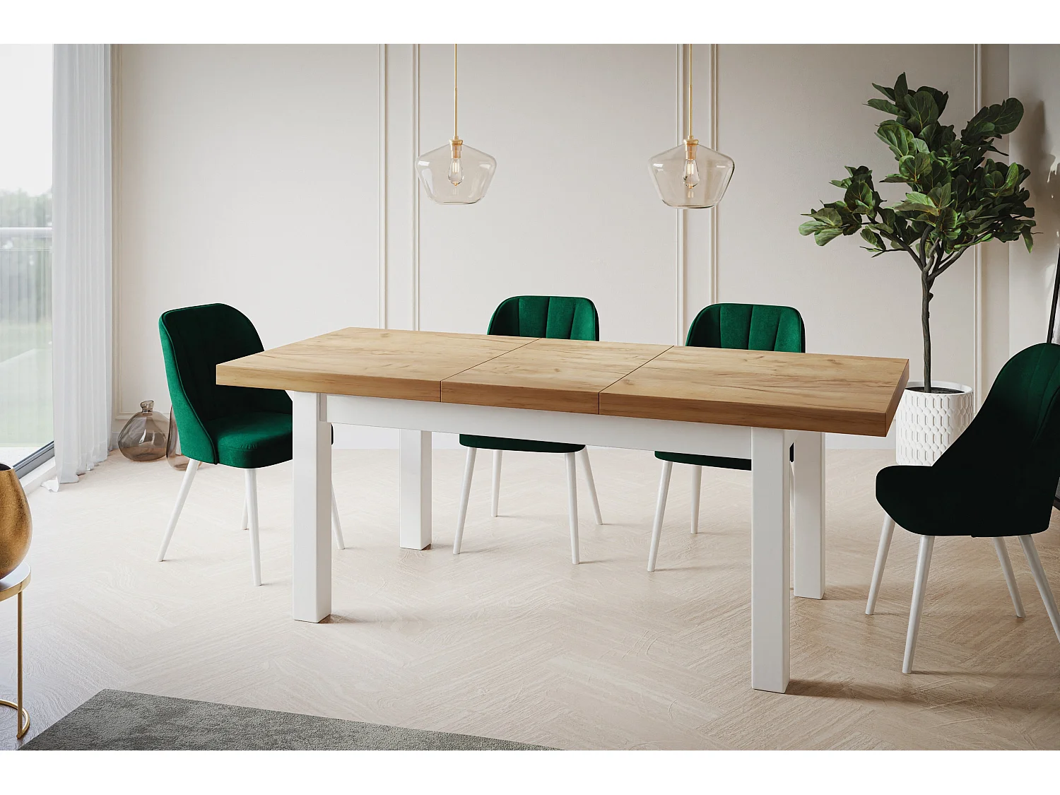 Table de salle à manger rectangulaire CLASSIC, table extensible, dimensions : 140-180X80X78 cm, couleur : CRAFT, avec pieds en bois de couleur blanche