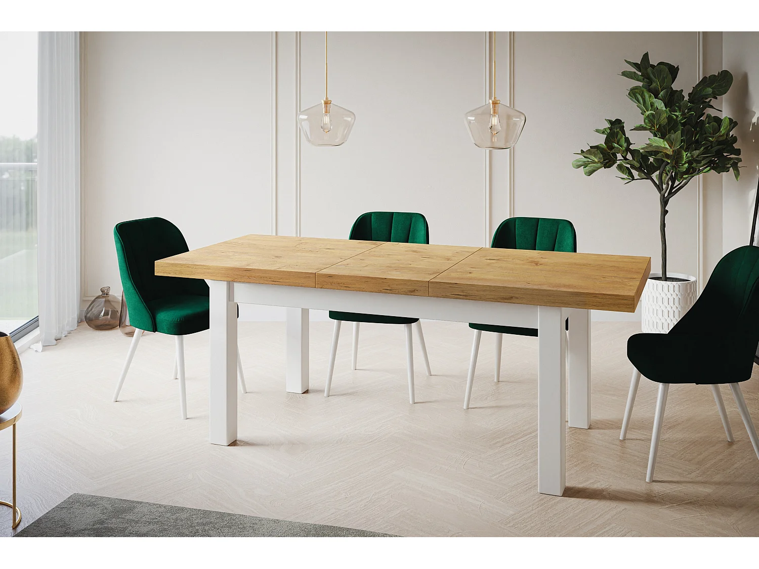 Table de salle à manger rectangulaire CLASSIC, table extensible, dimensions : 200-300X100X78 cm, couleur : LANCELOT, avec pieds en bois de couleur blanche