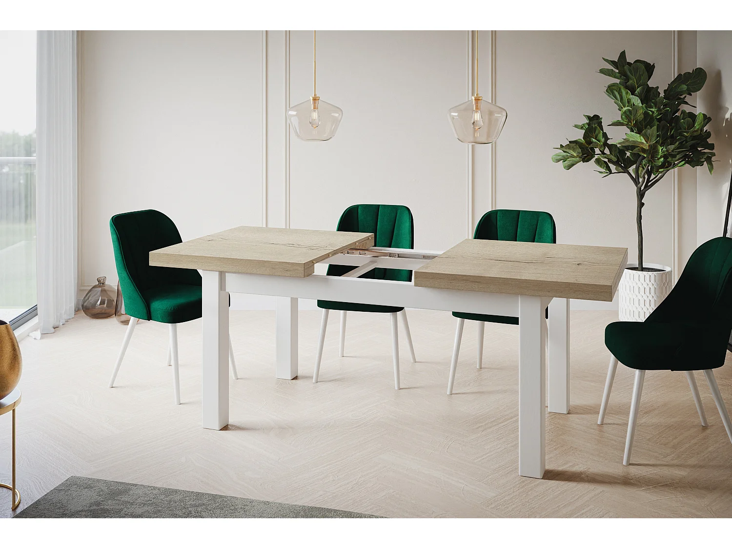 Table de salle à manger rectangulaire CLASSIC, table extensible, dimensions : 170-250X90X78 cm, couleur : HALIFAX, avec pieds en bois de couleur blanche