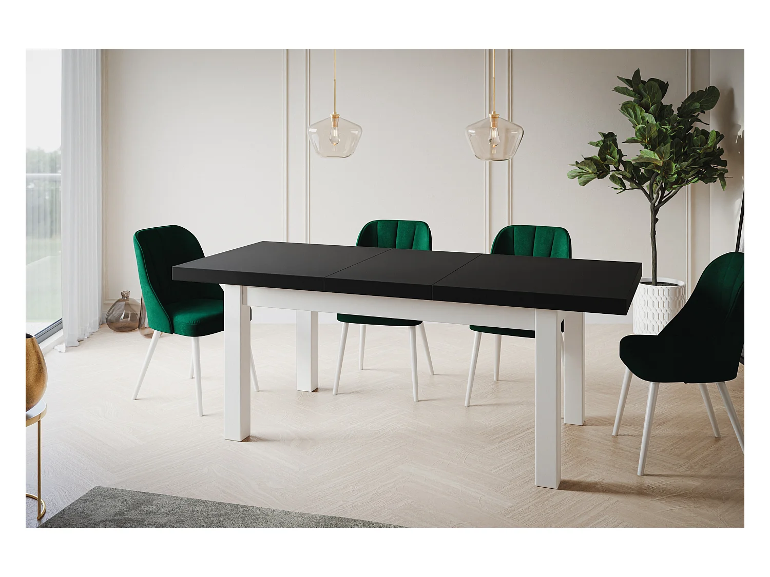 Table de salle à manger rectangulaire CLASSIC, table extensible, dimensions : 170-250X90X78 cm, couleur : noir, avec pieds en bois de couleur blanche