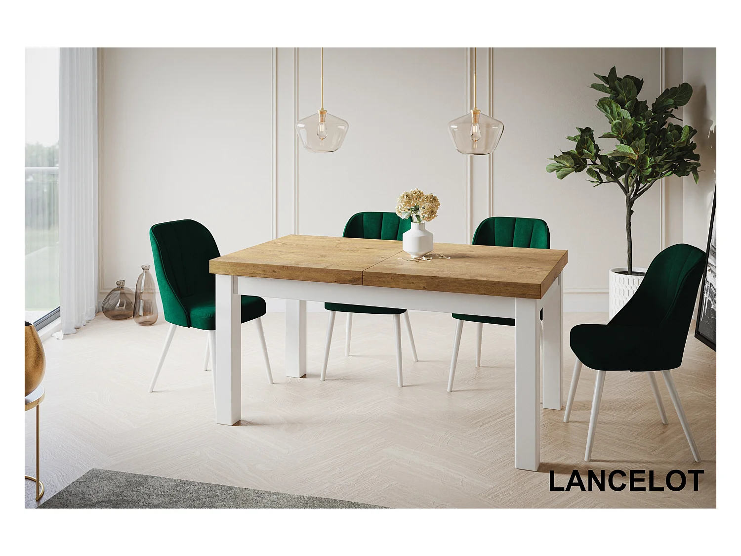 Table de salle à manger rectangulaire CLASSIC, table extensible, dimensions : 170-250X90X78 cm, couleur : LANCELOT, avec pieds en bois de couleur blanche
