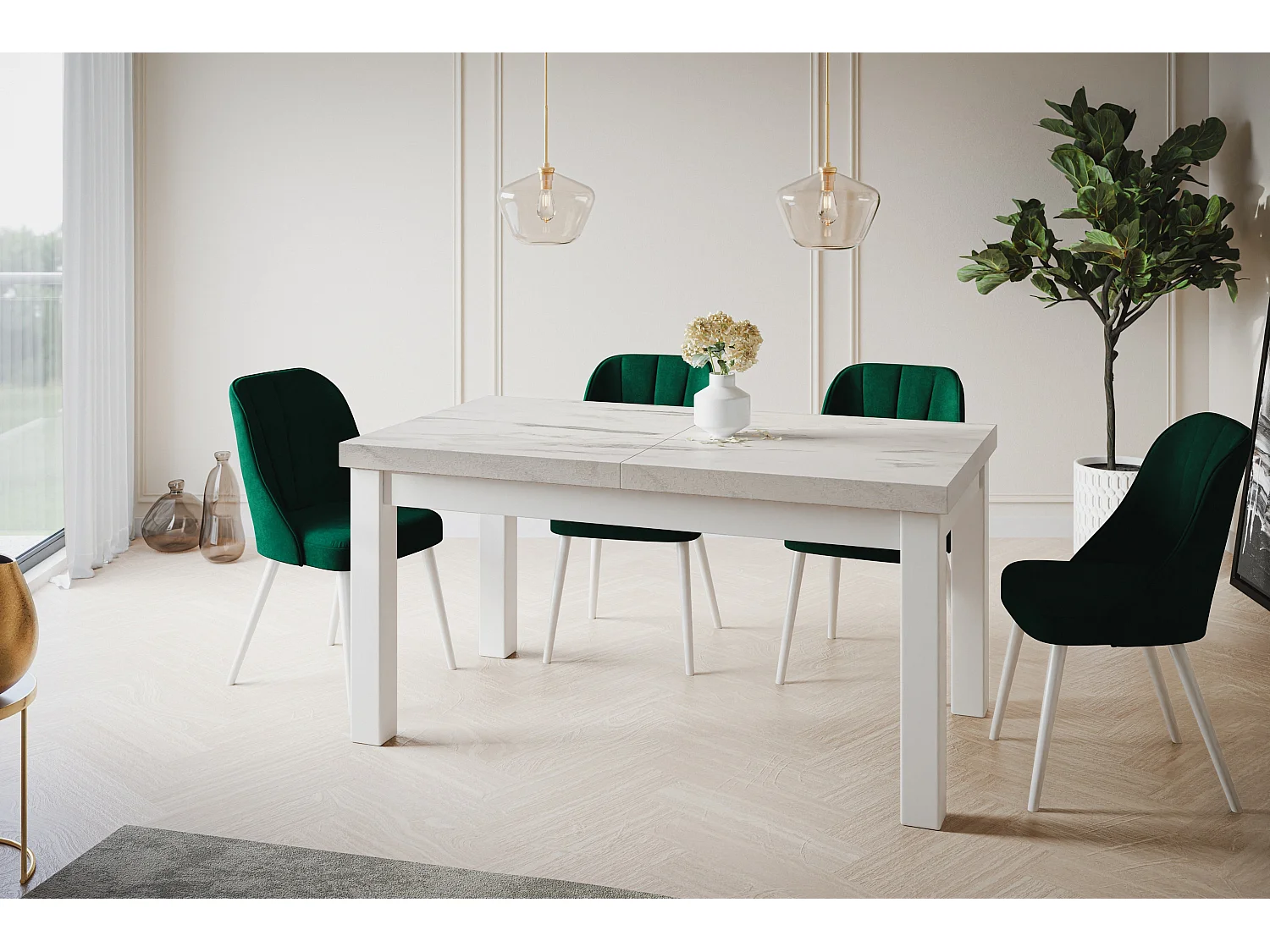 Table de salle à manger rectangulaire CLASSIC, table extensible, dimensions : 170-250X90X78 cm, couleur : MARMUR, avec pieds en bois de couleur blanche