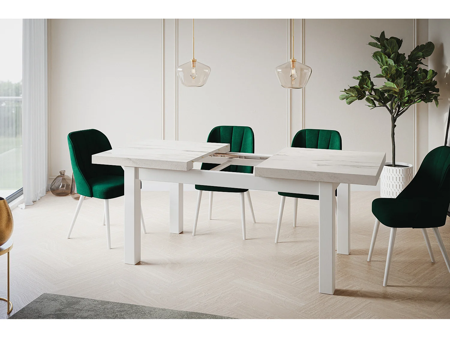 Table de salle à manger rectangulaire CLASSIC, table extensible, dimensions : 170-250X90X78 cm, couleur : MARMUR, avec pieds en bois de couleur blanche