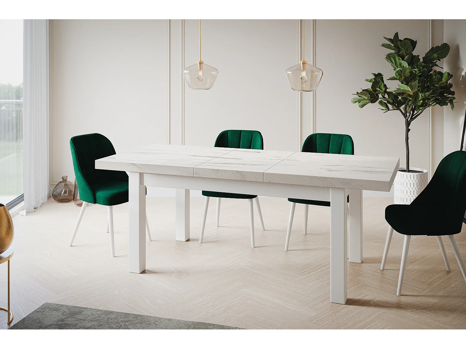 Table de salle à manger rectangulaire CLASSIC, table extensible, dimensions : 170-250X90X78 cm, couleur : MARMUR, avec pieds en bois de couleur blanche